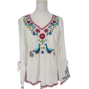 Y2K Vintage Willi Smith Peacock Flower Embroidered Linen Tunic Sz M Boho Coastal